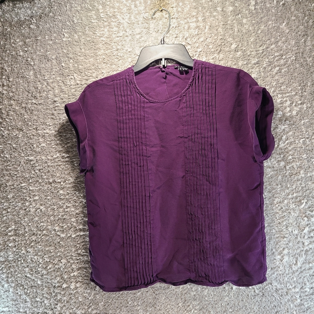 THEORY Women Purple Silk cuffed Sleeve Crew neck Shirt Top Blouse "Sellida"
